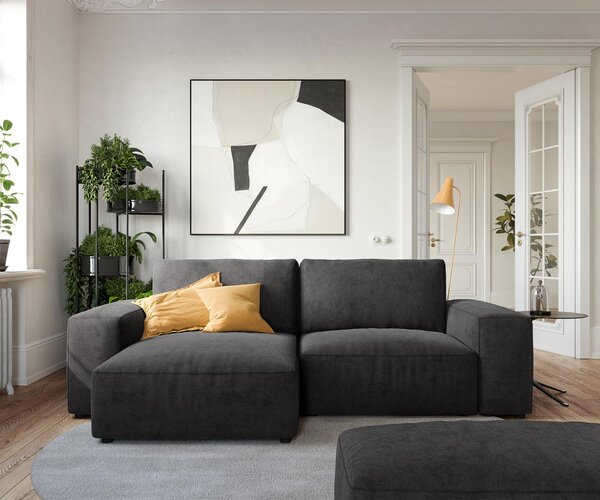 DELIFE Rohová pohovka Lanzo 230x155 cm mikrovlákno čierna variabilné ležadlo s taburetom
