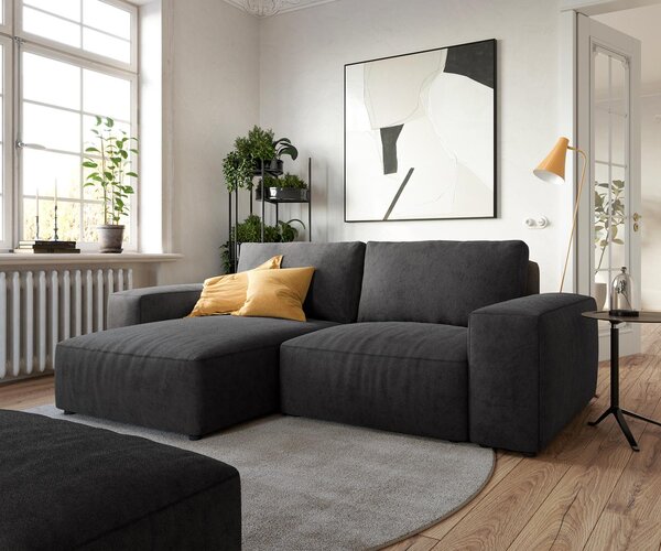DELIFE Rohová pohovka Lanzo 230x155 cm mikrovlákno čierna variabilné ležadlo s taburetom