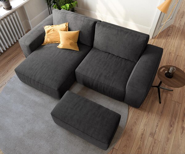 DELIFE Rohová pohovka Lanzo 230x155 cm mikrovlákno čierna variabilné ležadlo s taburetom