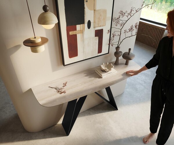 DELIFE Konzolový stolík Edge zaoblený 140×40 cm keramika Laminam® Travertino Bianco krémovo biela Velio kov čierna