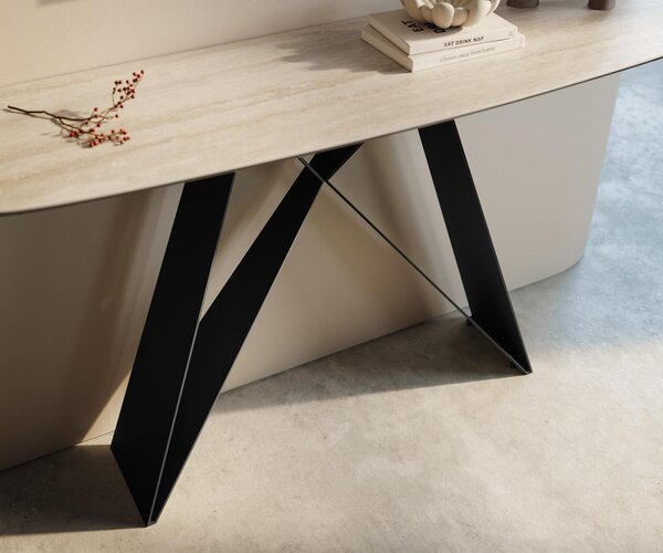 DELIFE Konzolový stolík Edge zaoblený 140×40 cm keramika Laminam® Travertino Bianco krémovo biela Velio kov čierna