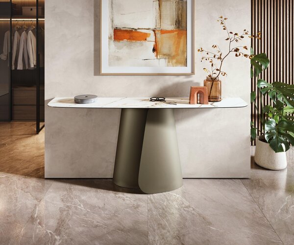 DELIFE Konzolový stolík Edge zaoblený tvar 180×40 cm keramika Calacatta Luxe bielo-zlato-šedá Livos kov titánová farba
