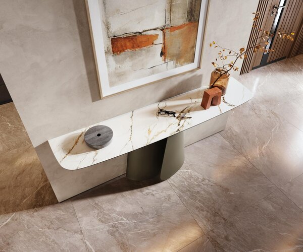 DELIFE Konzolový stolík Edge zaoblený tvar 180×40 cm keramika Calacatta Luxe bielo-zlato-šedá Livos kov titánová farba