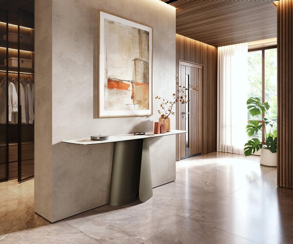 DELIFE Konzolový stolík Edge zaoblený tvar 180×40 cm keramika Calacatta Luxe bielo-zlato-šedá Livos kov titánová farba