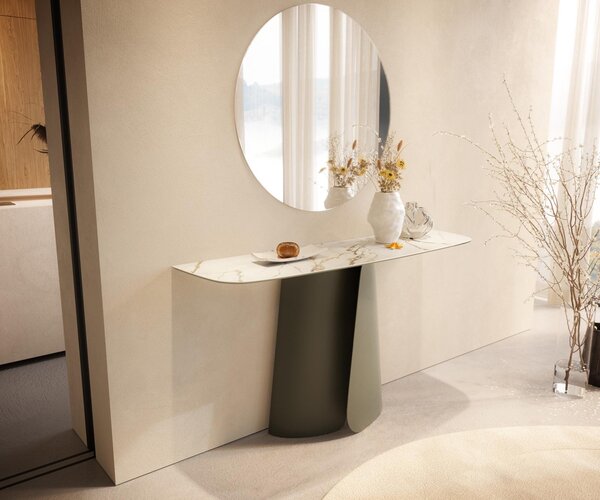 DELIFE Konzolový stolík Edge zaoblený tvar 140×40 cm keramika Calacatta Luxe bielo-zlato-šedá Livos kov titánová farba