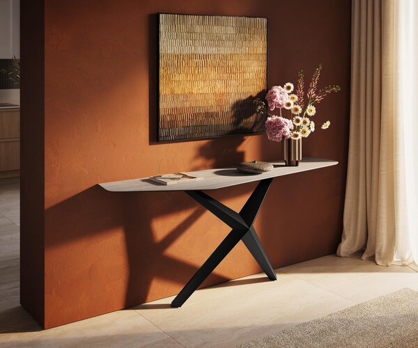 DELIFE Konzolový stolík Edge polygonálny 180×50 cm keramika Laminam® Travertino Bianco krémovo biela Zentharo kov čierna