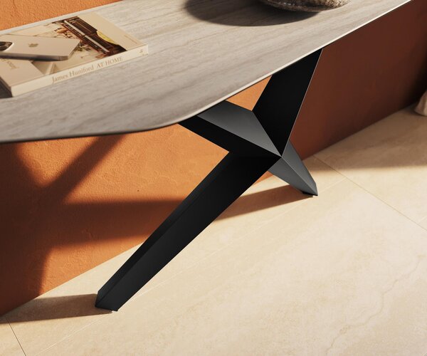 DELIFE Konzolový stolík Edge polygonálny 180×50 cm keramika Laminam® Travertino Bianco krémovo biela Zentharo kov čierna