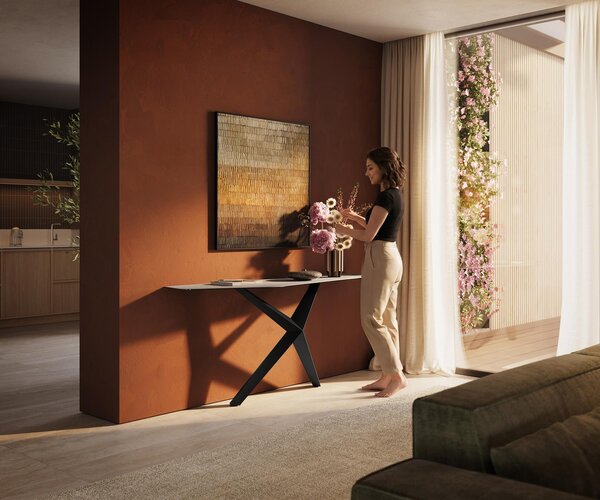 DELIFE Konzolový stolík Edge polygonálny 180×50 cm keramika Laminam® Travertino Bianco krémovo biela Zentharo kov čierna