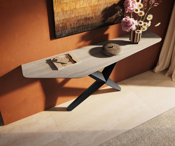 DELIFE Konzolový stolík Edge polygonálny 180×50 cm keramika Laminam® Travertino Bianco krémovo biela Zentharo kov čierna