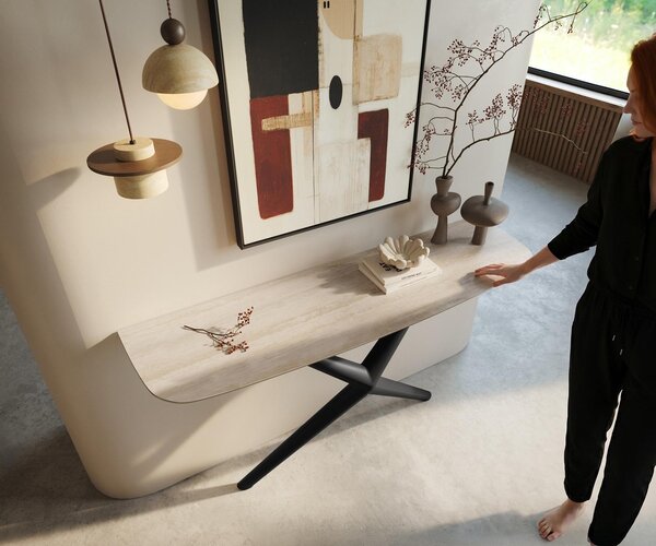 DELIFE Konzolový stolík Edge zaoblený 140×40 cm keramika Laminam® Travertino Bianco krémovo biela Estelo kov čierna