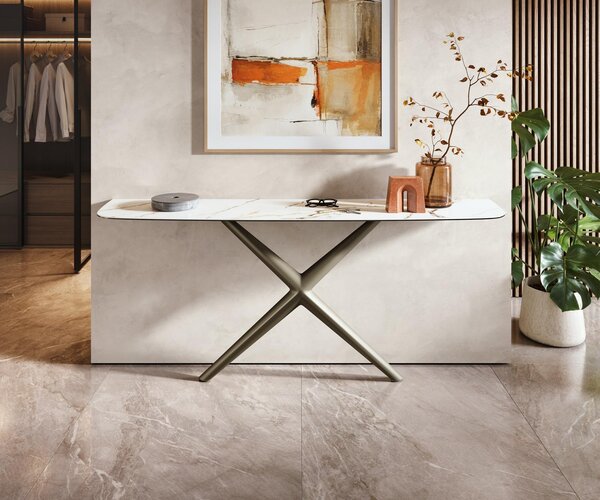 DELIFE Konzolový stolík Edge zaoblený tvar 180×40 cm keramika Calacatta Luxe bielo-zlato-šedá Estelo kov titánová farba