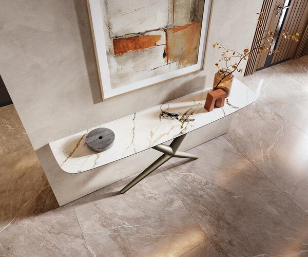 DELIFE Konzolový stolík Edge zaoblený tvar 180×40 cm keramika Calacatta Luxe bielo-zlato-šedá Estelo kov titánová farba