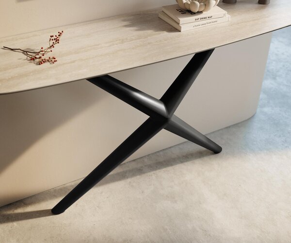 DELIFE Konzolový stolík Edge zaoblený 140×40 cm keramika Laminam® Travertino Bianco krémovo biela Estelo kov čierna