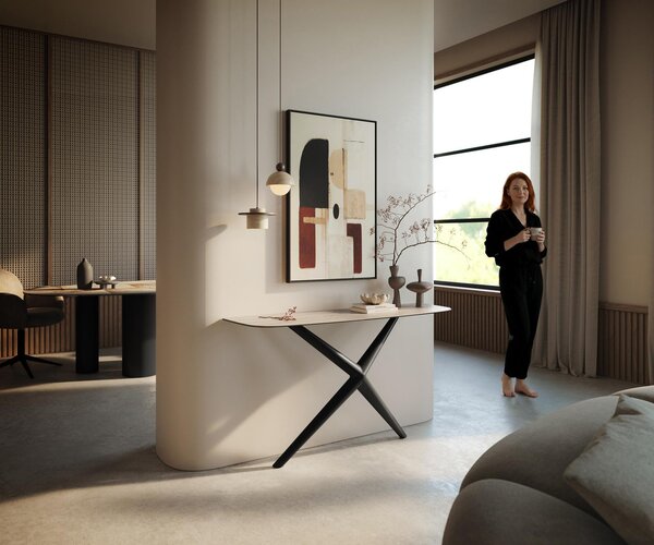 DELIFE Konzolový stolík Edge zaoblený 140×40 cm keramika Laminam® Travertino Bianco krémovo biela Estelo kov čierna