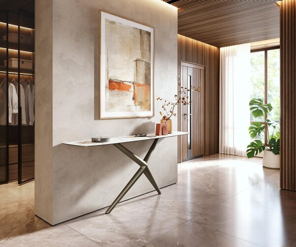 DELIFE Konzolový stolík Edge zaoblený tvar 180×40 cm keramika Calacatta Luxe bielo-zlato-šedá Estelo kov titánová farba