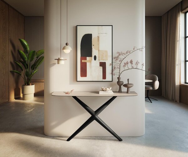 DELIFE Konzolový stolík Edge zaoblený 140×40 cm keramika Laminam® Travertino Bianco krémovo biela Estelo kov čierna