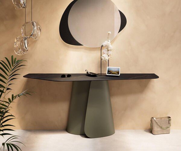 DELIFE Konzolový stolík Edge polygonálny 180×50 cm keramika Laminam® Noir Desir hnedá Livos kov titanová farba