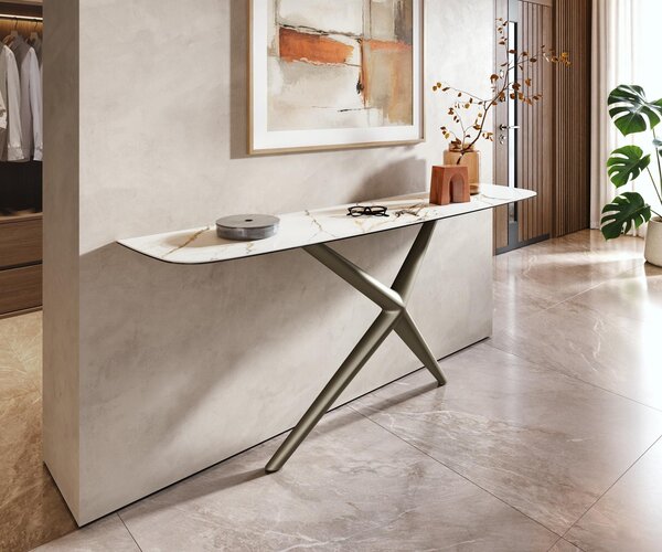 DELIFE Konzolový stolík Edge zaoblený tvar 180×40 cm keramika Calacatta Luxe bielo-zlato-šedá Estelo kov titánová farba
