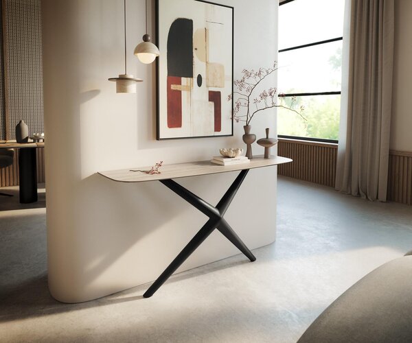 DELIFE Konzolový stolík Edge zaoblený 140×40 cm keramika Laminam® Travertino Bianco krémovo biela Estelo kov čierna