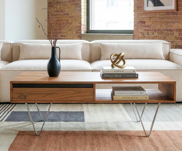DELIFE Konferenčný stolík Stonegrace 115x60x35 cm akácia prírodná bridlica 2 zásuvky 1 priehradka
