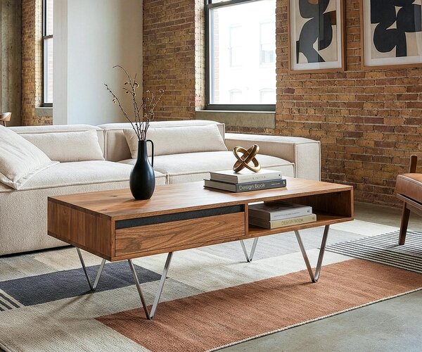 DELIFE Konferenčný stolík Stonegrace 115x60x35 cm akácia prírodná bridlica 2 zásuvky 1 priehradka