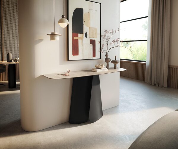 DELIFE Konzolový stolík Edge zaoblený 140×40 cm keramika Laminam® Travertino Bianco krémovo biela Livos kov čierna