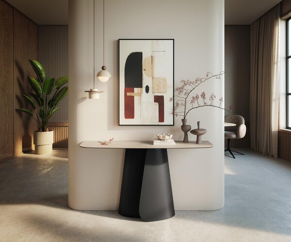DELIFE Konzolový stolík Edge zaoblený 140×40 cm keramika Laminam® Travertino Bianco krémovo biela Livos kov čierna