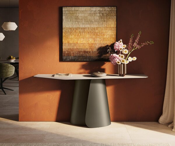 DELIFE Konzolový stolík Edge polygonálny 180×50 cm keramika Laminam® Travertino Bianco krémovo biela Livos kov titánová farba