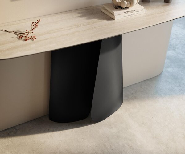 DELIFE Konzolový stolík Edge zaoblený 140×40 cm keramika Laminam® Travertino Bianco krémovo biela Livos kov čierna