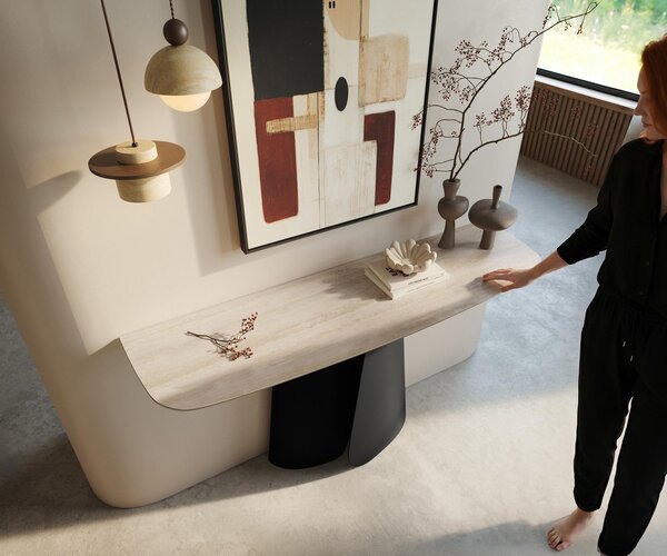 DELIFE Konzolový stolík Edge zaoblený 140×40 cm keramika Laminam® Travertino Bianco krémovo biela Livos kov čierna