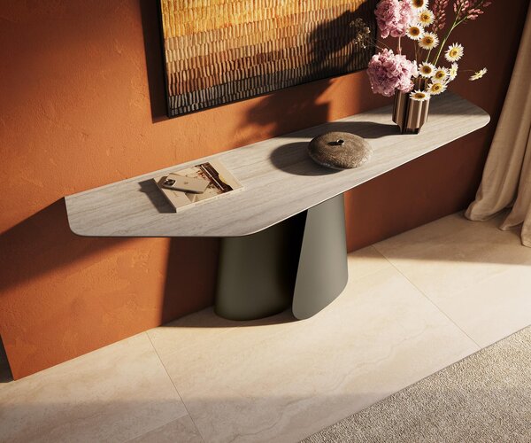 DELIFE Konzolový stolík Edge polygonálny 180×50 cm keramika Laminam® Travertino Bianco krémovo biela Livos kov titánová farba