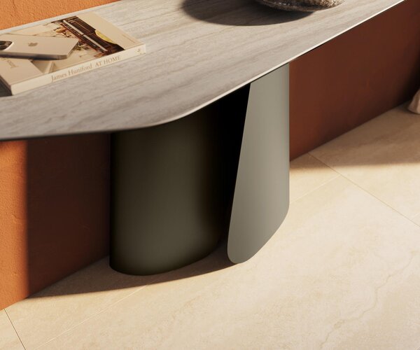 DELIFE Konzolový stolík Edge polygonálny 180×50 cm keramika Laminam® Travertino Bianco krémovo biela Livos kov titánová farba