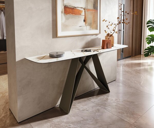 DELIFE Konzolový stolík Edge zaoblený tvar 180×40 cm keramika Calacatta Luxe bielo-zlato-šedá Velio kov titánová farba