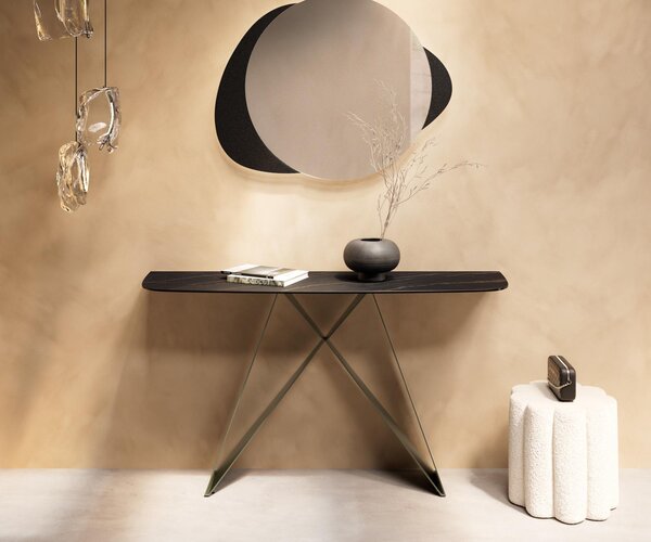 DELIFE Konzolový stolík Edge zaoblený 140×40 cm keramika Laminam® Noir Desir hnedá Velio kov titánová farba