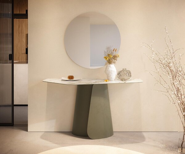 DELIFE Konzolový stolík Edge polygonálny 140×50 cm keramika Calacatta Luxe bielo-zlato-šedá Livos kov titánová farba
