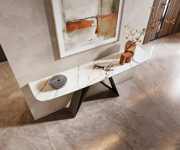 DELIFE Konzolový stolík Edge zaoblený tvar 180×40 cm keramika Calacatta Luxe bielo-zlato-šedá Velio kov titánová farba