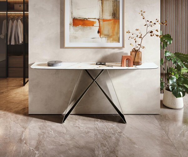 DELIFE Konzolový stolík Edge zaoblený tvar 180×40 cm keramika Calacatta Luxe bielo-zlato-šedá Velio kov titánová farba