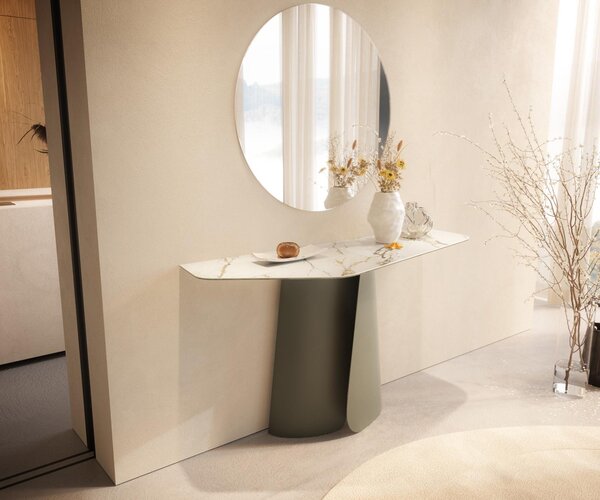 DELIFE Konzolový stolík Edge polygonálny 140×50 cm keramika Calacatta Luxe bielo-zlato-šedá Livos kov titánová farba
