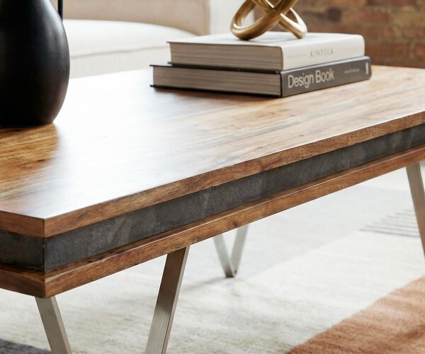 DELIFE Dizajnový konferenčný stolík Stonegrace 117x60x25 cm akácia prírodná bridlica