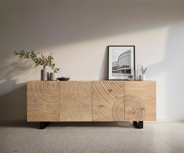 DELIFE Komoda Ashara 200 cm dub prírodná 3D efekt 4 dvierka kovová podstava čierna