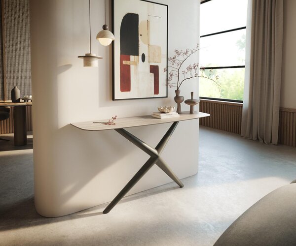 DELIFE Konzolový stolík Edge zaoblený 140×40 cm keramika Laminam® Travertino Bianco krémovo biela Estelo kov titánová farba