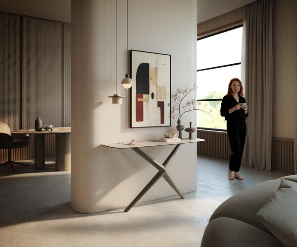 DELIFE Konzolový stolík Edge zaoblený 140×40 cm keramika Laminam® Travertino Bianco krémovo biela Estelo kov titánová farba