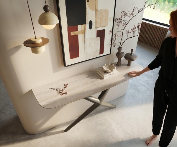 DELIFE Konzolový stolík Edge zaoblený 140×40 cm keramika Laminam® Travertino Bianco krémovo biela Estelo kov titánová farba