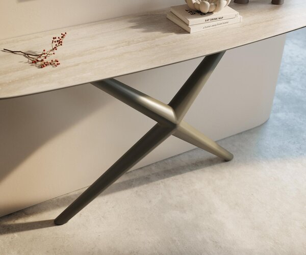 DELIFE Konzolový stolík Edge zaoblený 140×40 cm keramika Laminam® Travertino Bianco krémovo biela Estelo kov titánová farba