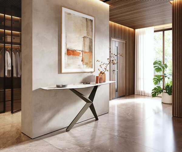DELIFE Konzolový stolík Edge polygonálny 180×50 cm keramika Calacatta Luxe bielo-zlato-šedá Zentharo kov titánová farba