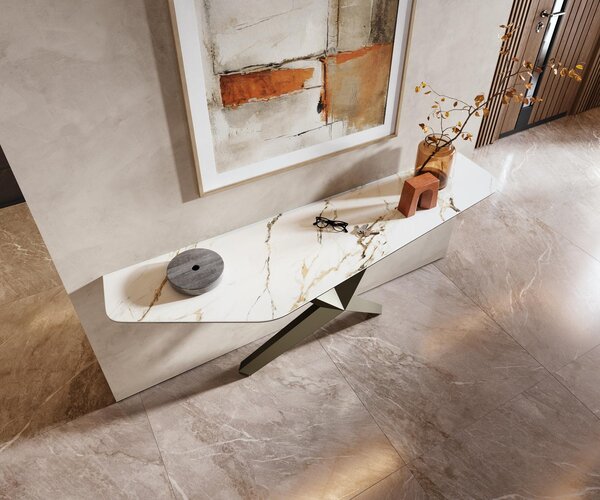 DELIFE Konzolový stolík Edge polygonálny 180×50 cm keramika Calacatta Luxe bielo-zlato-šedá Zentharo kov titánová farba