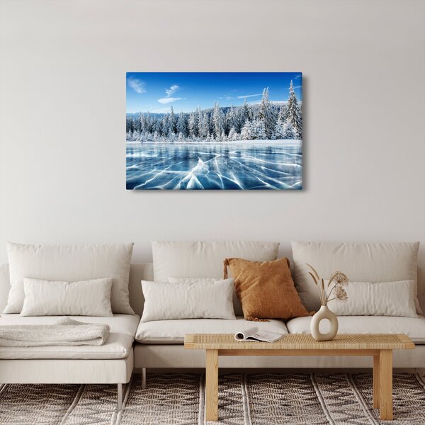 Obraz zamrznutého jazera a zasnežených stromov (90x60 cm)