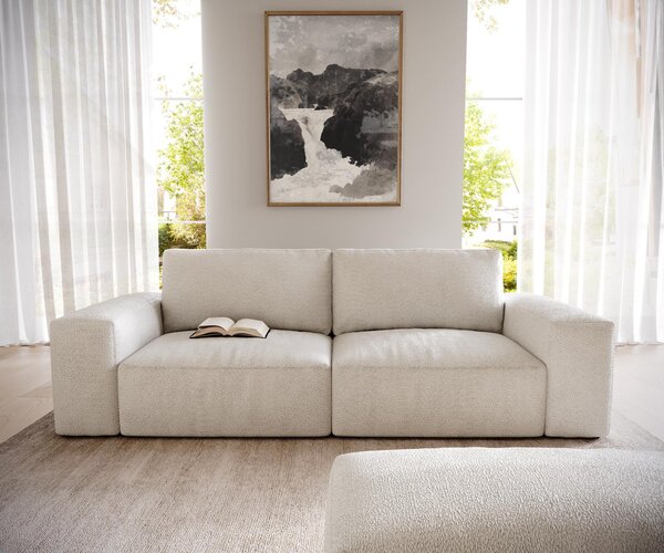 DELIFE Veľká pohovka Lanzo 230x95 cm bouclé bielo-béžová s taburetom