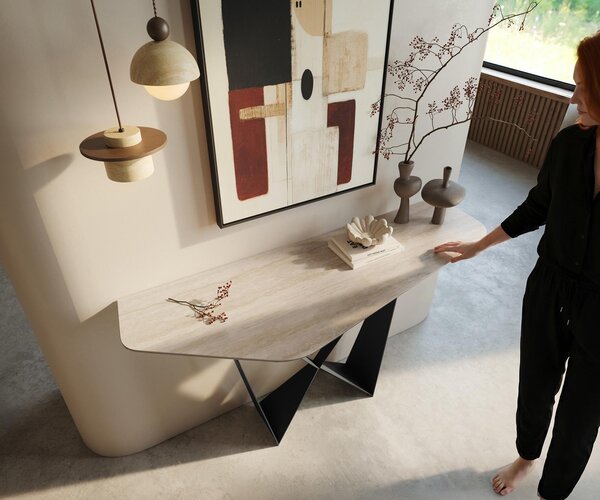 DELIFE Konzolový stolík Edge polygonálny 140×50 cm keramika Laminam® Travertino Bianco krémovo biela Spios kov čierna