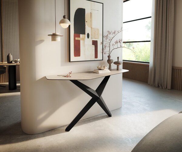 DELIFE Konzolový stolík Edge polygonálny 140×50 cm keramika Laminam® Travertino Bianco krémovo biela Zentharo kov čierna